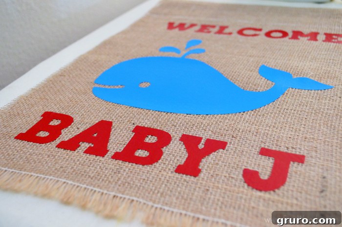 Close-up of Finished Baby Shower Whale Garden Flag