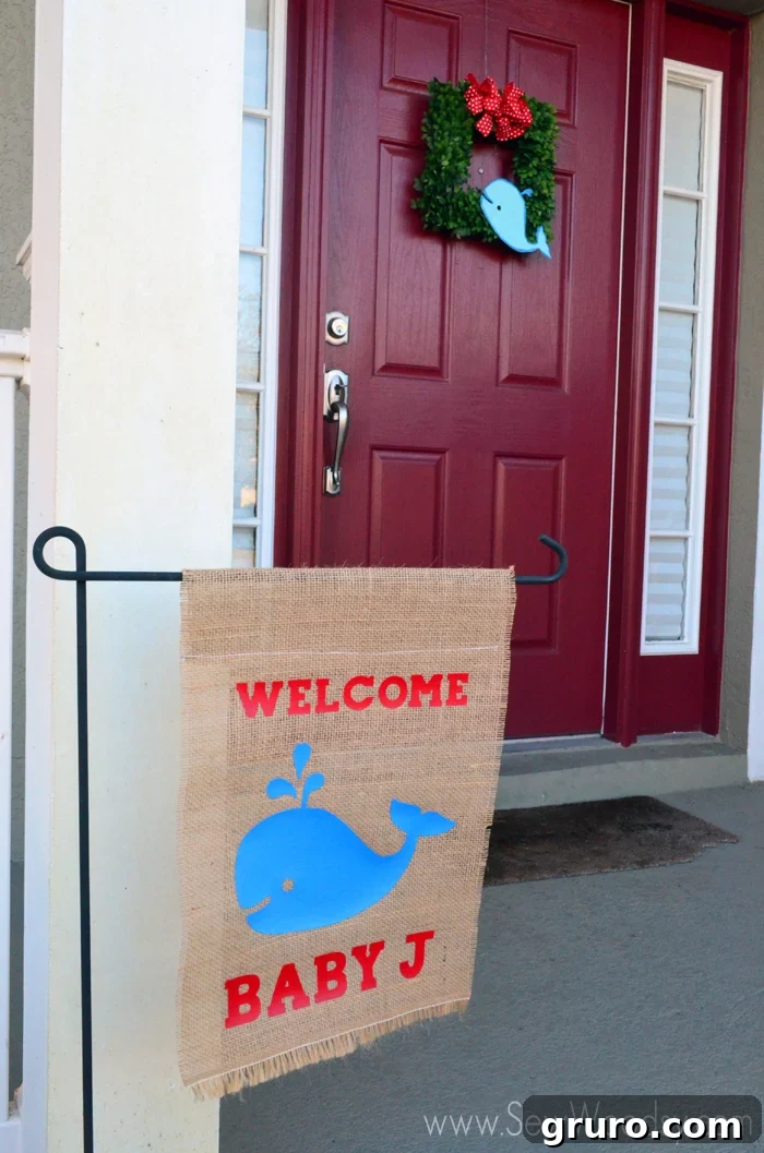 Finished Baby Shower Whale Garden Flag on display