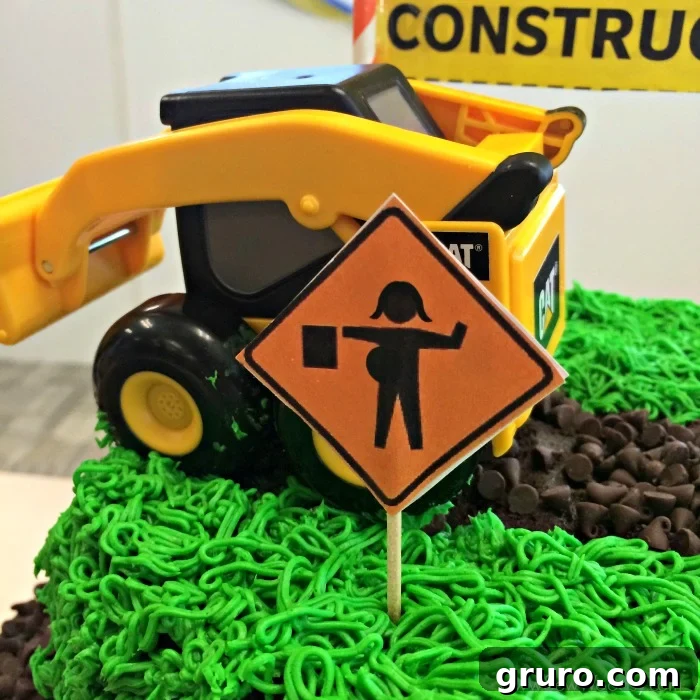 Close-up of Edible Construction Themed Baby Shower Cake