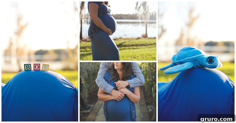Maternity photo featuring baby blocks and a cuddly stuffed animal, symbolizing the nursery