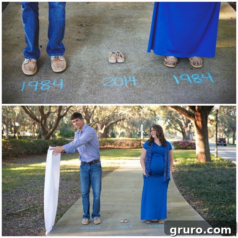 Close-up of expectant parents' feet alongside baby shoes, symbolizing the growing family