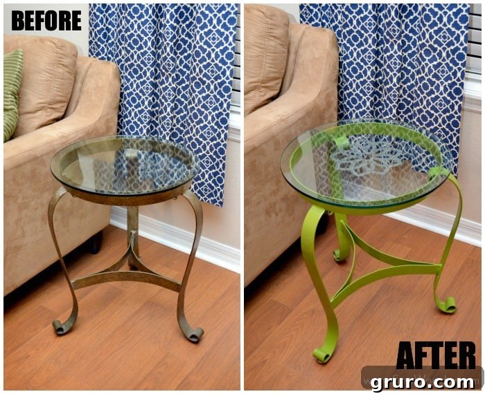 Side-by-side comparison of the glass end table before and after the upcycling project, highlighting the dramatic transformation from old to new.