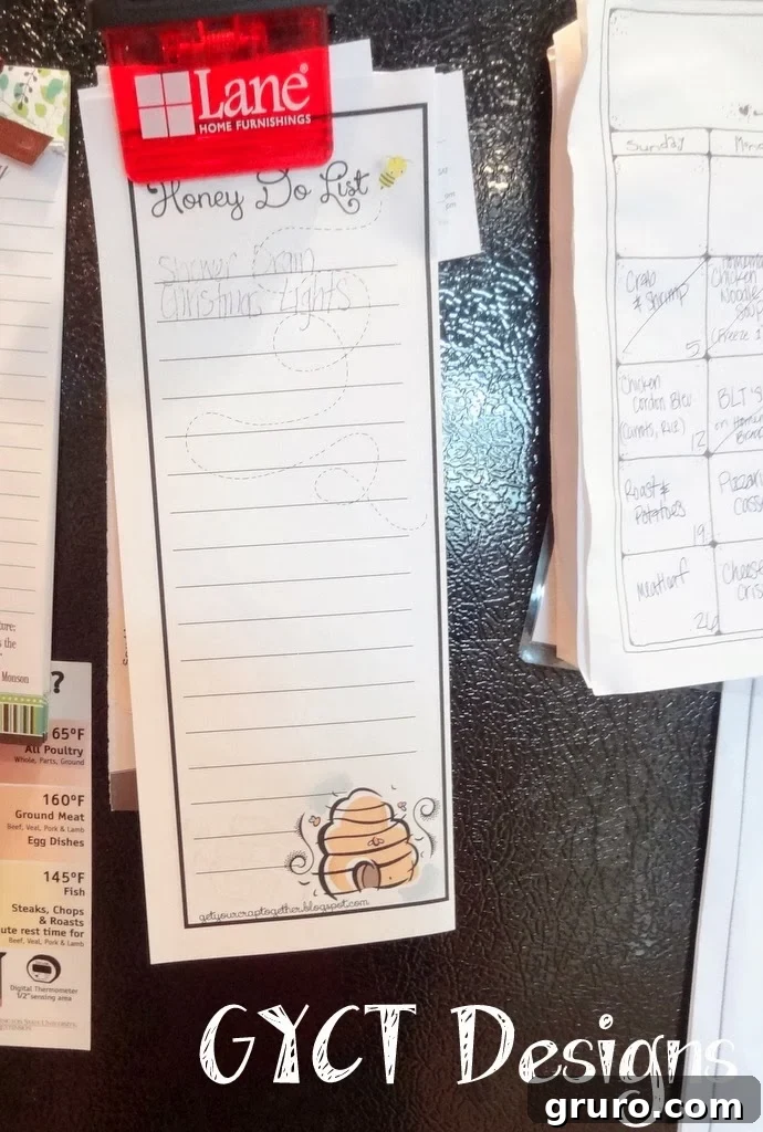 Close-up image of the Honey Do List on a refrigerator, showing tasks written down.