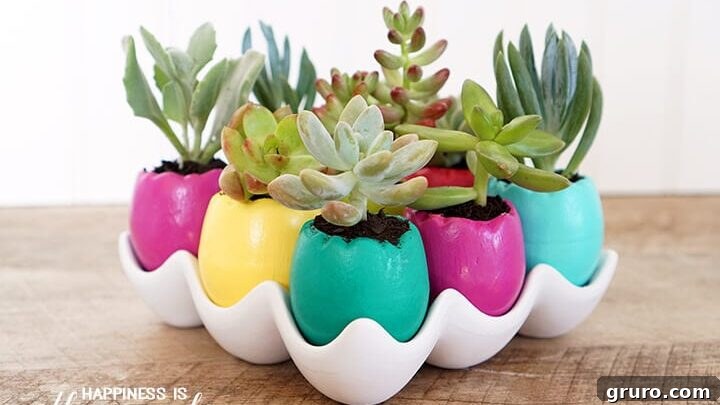 Vibrant Easter egg succulent planters, a bright and cheerful craft for springtime decor.