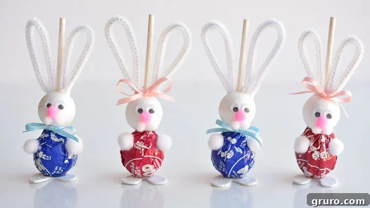 Adorable lolly pop bunnies, a simple and sweet craft that makes a great party favor or treat.