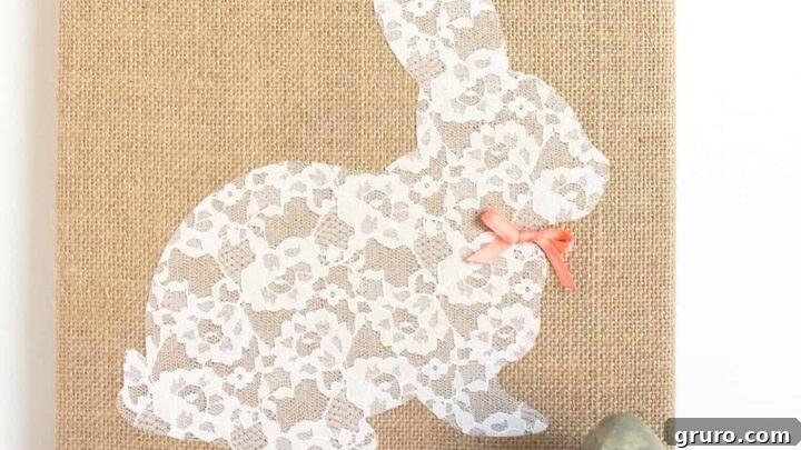 A delicate lace bunny canvas Easter craft, showcasing intricate details and elegant design.