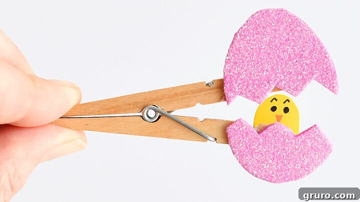 Playful peek-a-boo clothespin eggs featuring cute bunnies and chicks hidden inside decorated eggs.