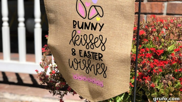 A rustic burlap garden flag featuring 'Bunny Kisses & Easter Wishes' with a cute bunny graphic.