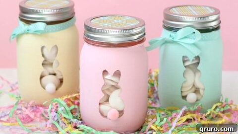 Cute Easter bunny mason jars, creatively decorated for holding treats or as festive centerpieces.
