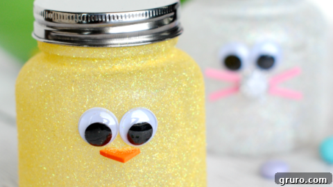 Easy Easter candy jars, decorated with festive elements like bunny ears and bows.