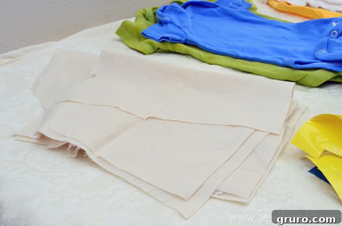 Pre-cut muslin squares prepared for guests to use as a protective layer during ironing
