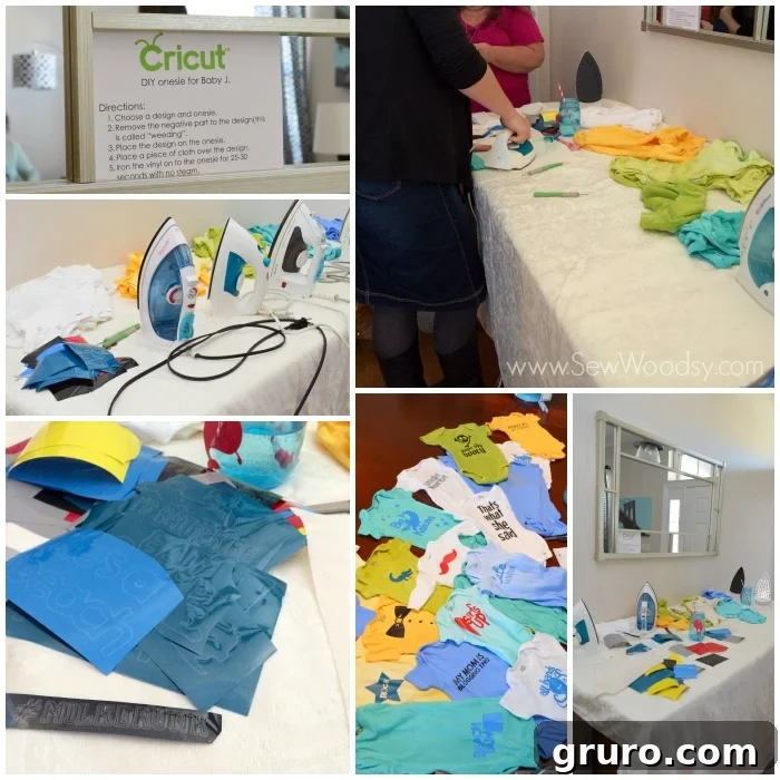 A guest actively pressing an Iron-On Vinyl design onto a onesie at the baby shower