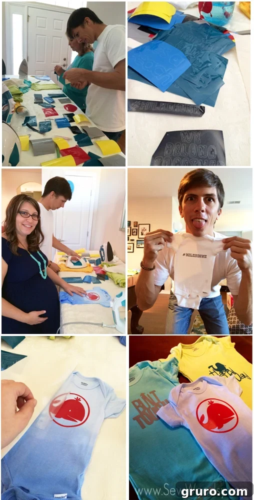 Jon, the dad-to-be, proudly holding up a custom-made onesie for the baby