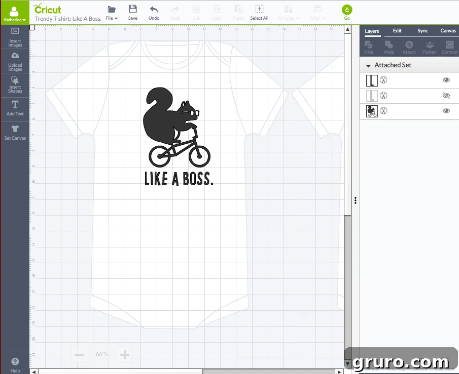 Cricut Design Space interface showing a 'Like A Boss' onesie design ready for cutting
