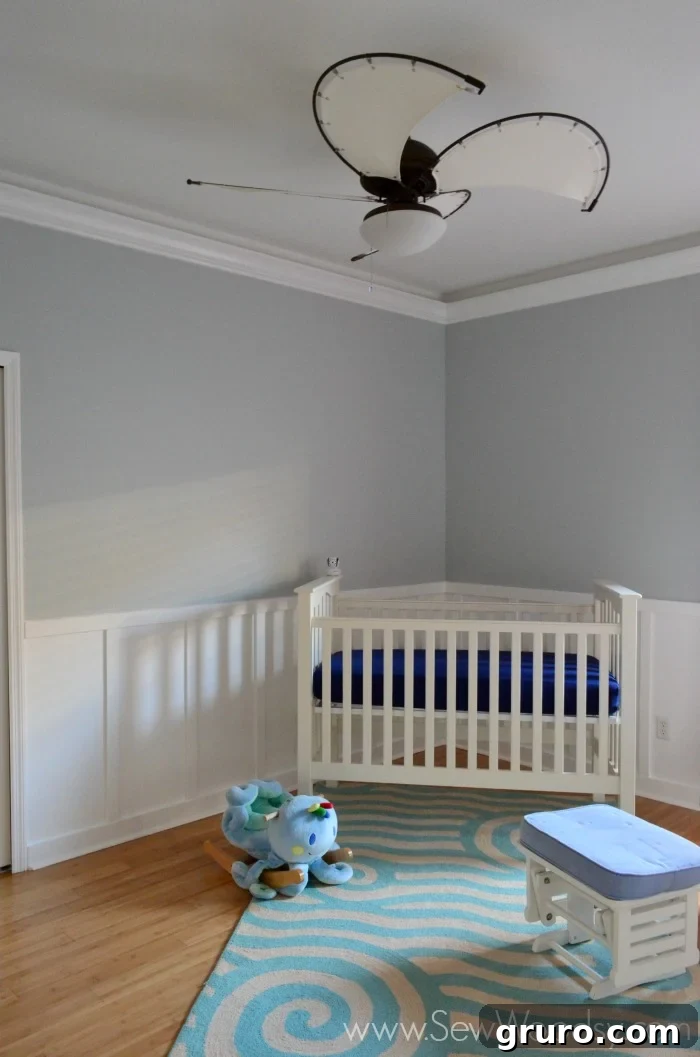 Ceiling Fan Installation: From Box to Breeze 13 Close-up of the unique recessed crown molding in the nursery, with a detailed DIY tutorial on its way.
