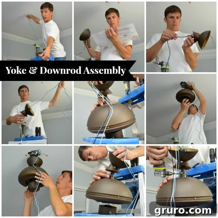Ceiling Fan Installation: From Box to Breeze 5 Thread motor wires through the canopy and downrod assembly, then insert the downrod into the yoke.