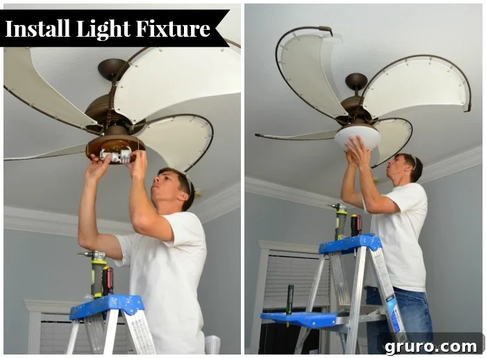 Ceiling Fan Installation: From Box to Breeze 9 All fan blades are attached, completing the main fan assembly.