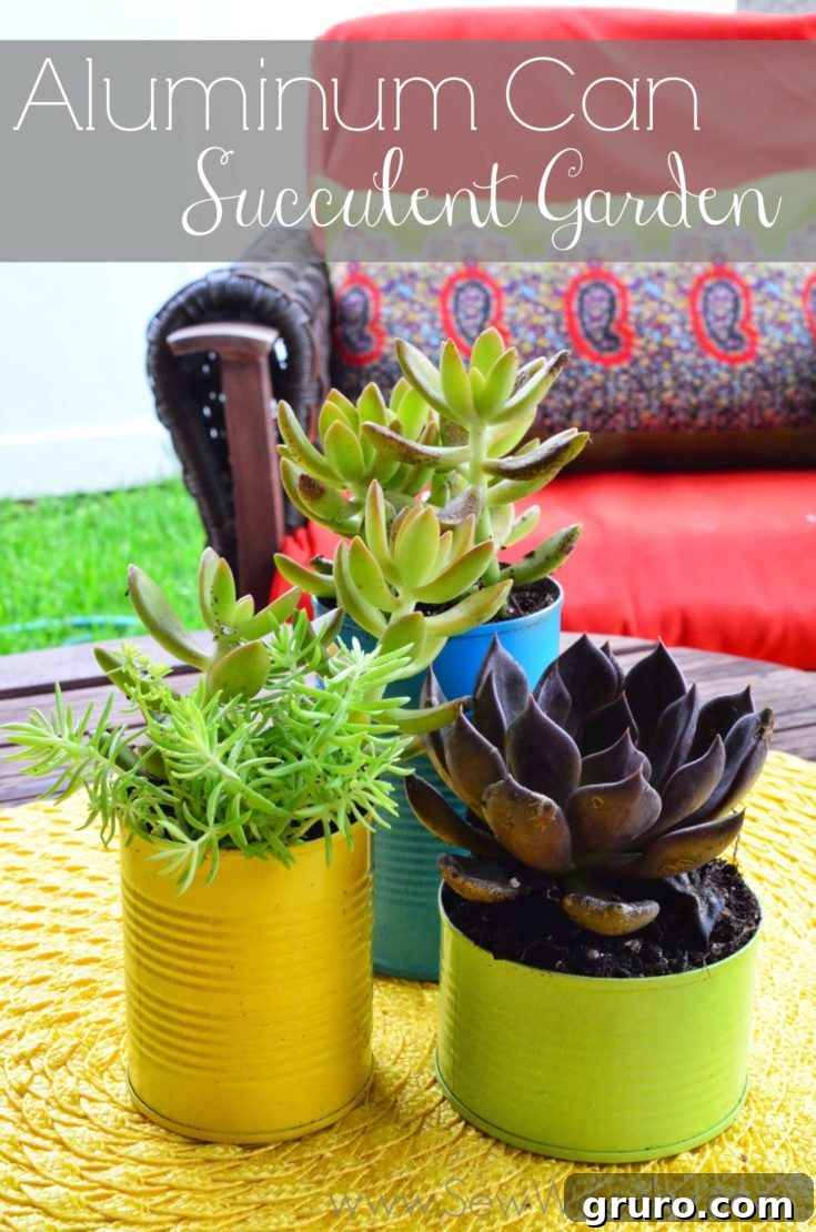 A unique succulent garden arrangement created using repurposed aluminum cans, adding a touch of industrial chic to home decor.