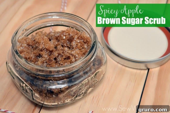 A jar of homemade spicy apple brown sugar scrub, a comforting and exfoliating treat for the skin, ideal for Mother's Day pampering.