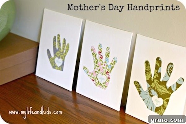 Colorful handprint art created by children on a canvas, transformed into a beautiful and sentimental Mother's Day gift that Mom will cherish.