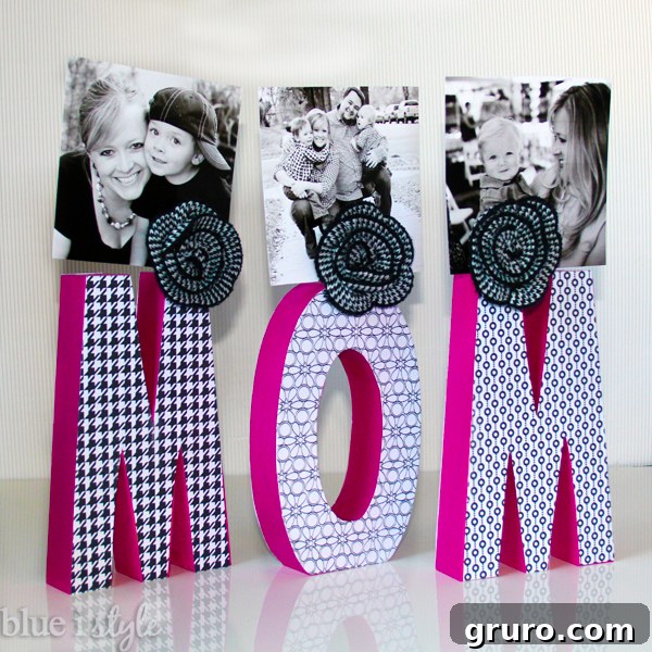 A stylish letter photo display spelling out 'MOM' or another meaningful word, with small photos creatively integrated into each letter, a wonderful Mother's Day present.
