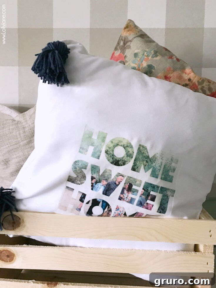 A cozy DIY photo text pillow featuring a personalized photo and text, making for a unique and comfortable Mother's Day gift.