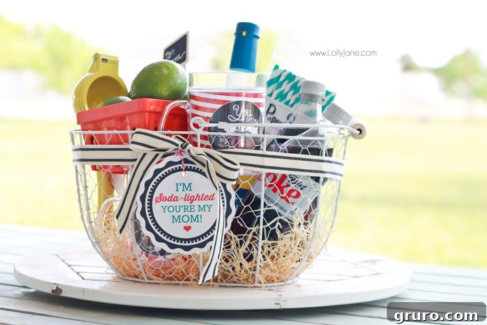 A creative Mother's Day gift basket themed 'Soda-Lighted' with various sodas and treats, featuring a free printable tag.