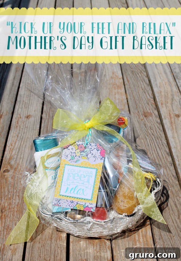 A curated 'Kick Up Your Feet and Relax' Mother's Day gift basket, filled with items for ultimate relaxation and pampering.