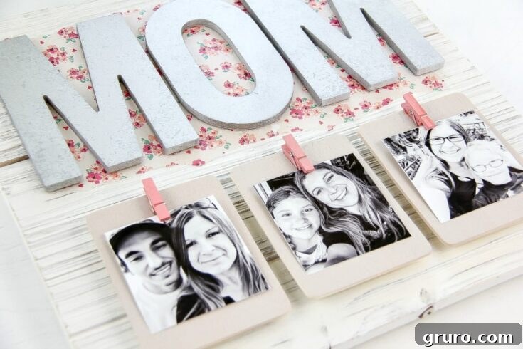 A unique DIY pallet picture frame, showcasing a rustic charm and perfect for holding multiple cherished photos, a creative Mother's Day gift.