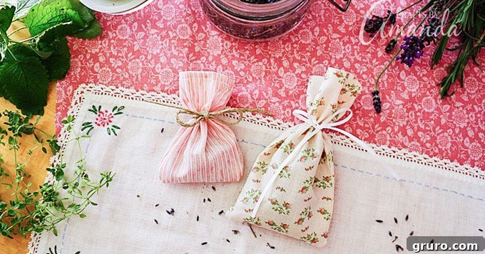 Beautifully crafted herbal sachets tied with ribbon, perfect for freshening drawers or linens with a natural scent, a thoughtful Mother's Day gift.