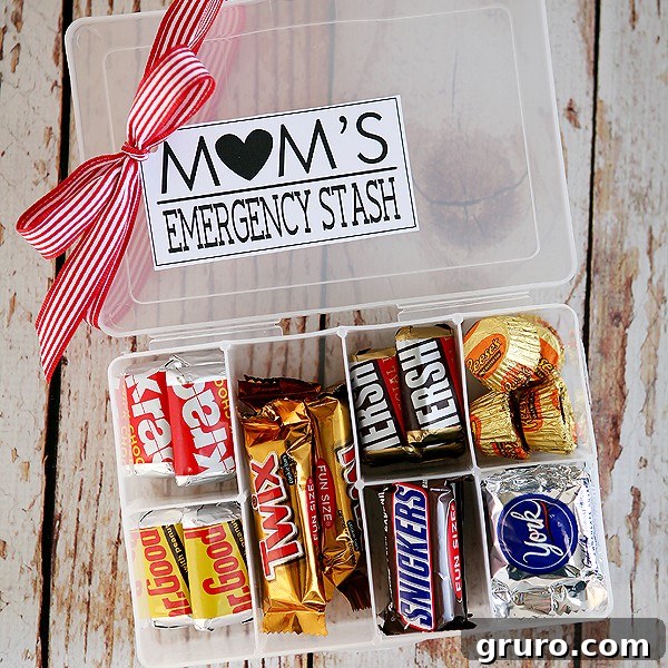 A humorous 'Mom's Emergency Stash' container filled with chocolates or other comforting treats, a lighthearted Mother's Day gift.