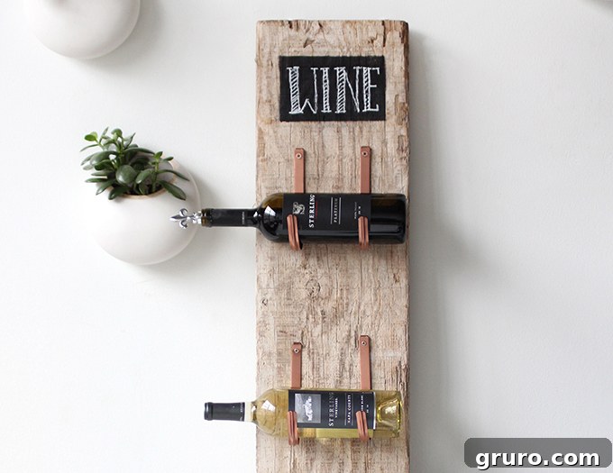 A rustic DIY barn wood wine rack, showcasing a charming, handcrafted appeal, perfect for displaying wine bottles.