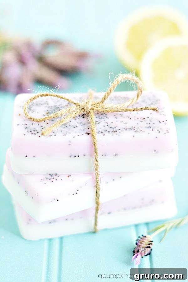 Handmade lavender lemon soap bars, beautifully colored and scented, offering a refreshing and calming bathing experience for Mom.