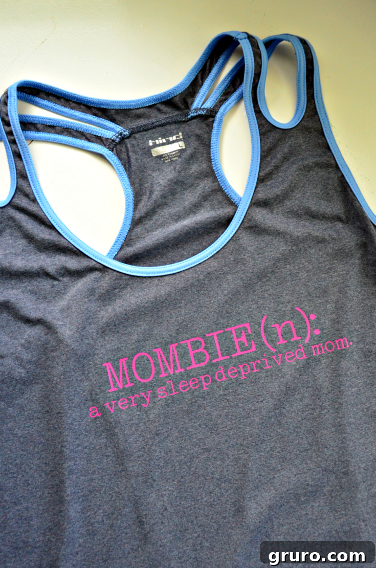 A humorous DIY 'Mombie' workout tank top, perfect for a mom who juggles motherhood and fitness with a sense of humor.