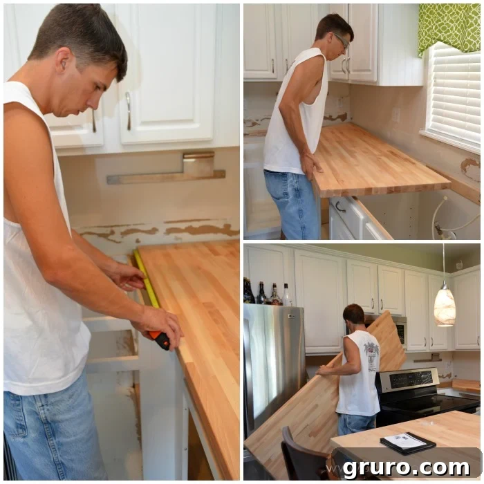 A series of three photos depicting a man carefully measuring and carrying sections of butcher block countertops during installation.