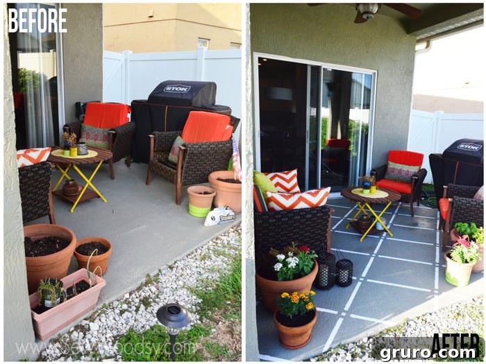 Before and after comparison of the patio, showcasing the dramatic improvement with the new painted pattern.