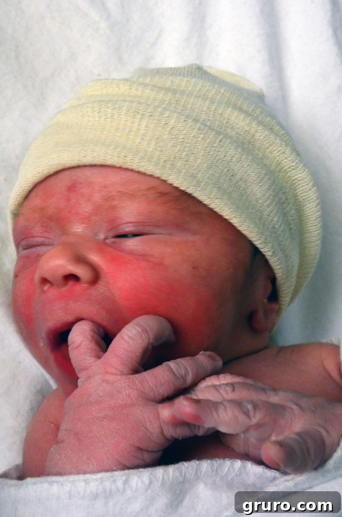 Our hungry newborn, Ryder, ready for his first feed.
