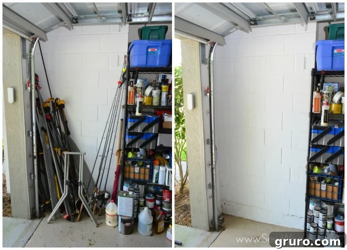 Cluttered garage corner before installing the Rubbermaid FastTrack system