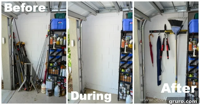 Before, during, and after comparison of garage organization with Rubbermaid FastTrack