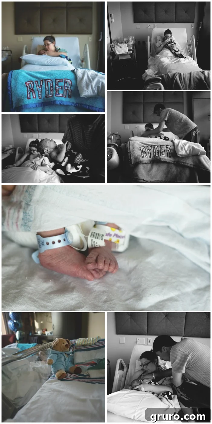 Mother holding and gazing at her newborn baby in the hospital bed, capturing an intimate Fresh 48 moment.