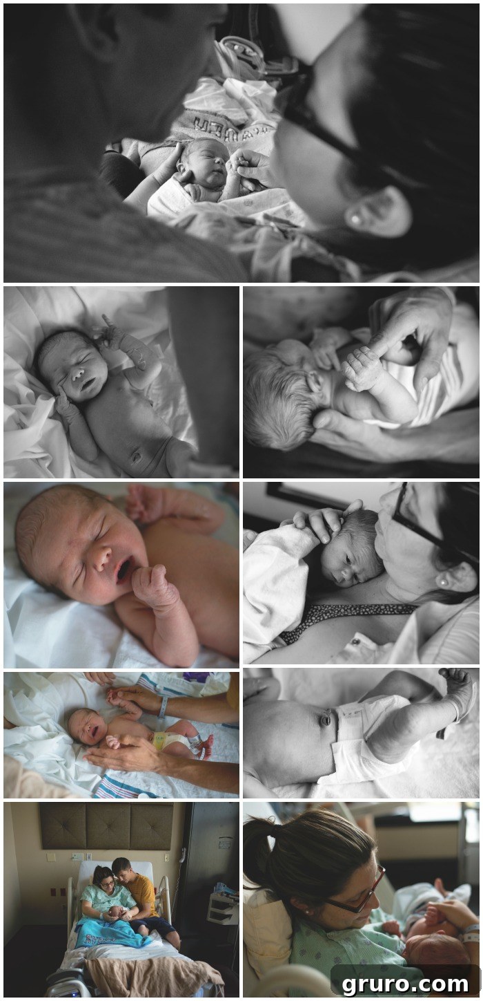 New parents gazing lovingly at their newborn baby in the hospital, marking the start of their new life during a Fresh 48 session.