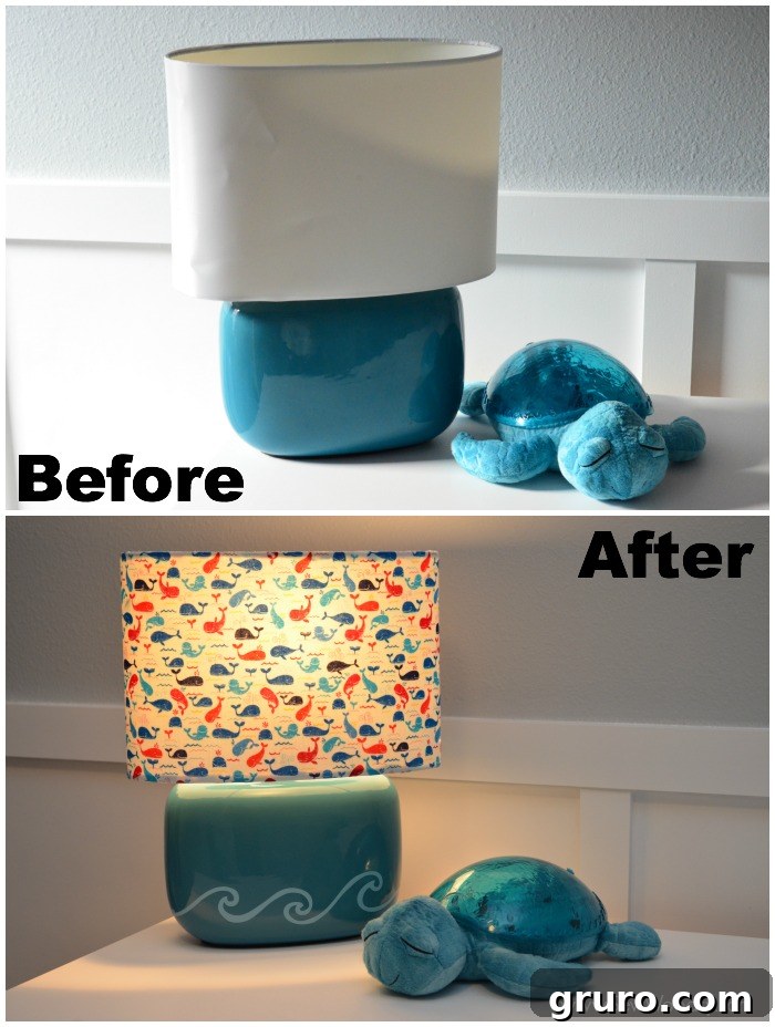 Before and After: Thrift store lamp transformed into a whale nursery lamp