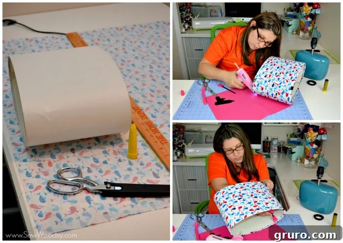 Laying out fabric for the DIY Nursery Whale Lamp shade