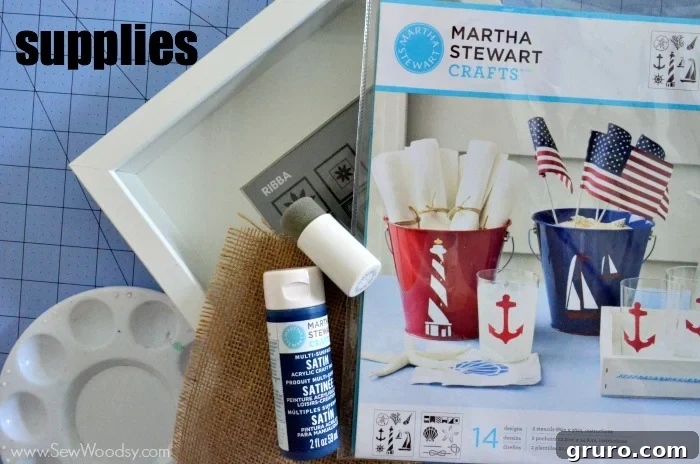 Rustic Sea Star Craft 4 All the essential supplies laid out for the Burlap Starfish Art project, including Martha Stewart Nautical Stencils, Wild Blueberry paint, pouncer, burlap, scissors, tape, and a frame.