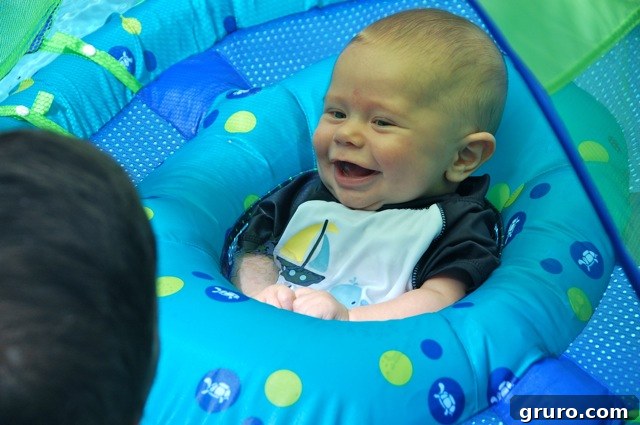 Ryder's very first time swimming in the pool, a new and exciting experience for the family