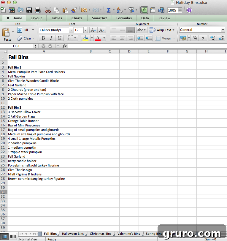 Holiday Bin Spreadsheet
