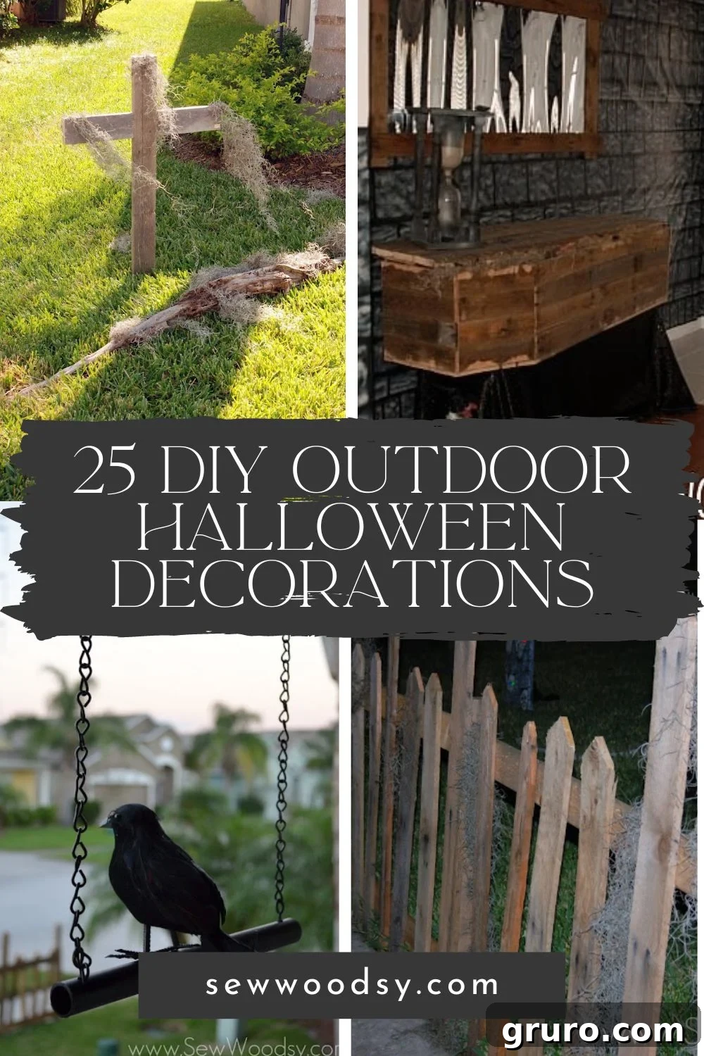 A spooky outdoor Halloween display featuring a wooden cross, a rustic coffin, and a raven perched on a chain link fence, evoking a classic graveyard scene.