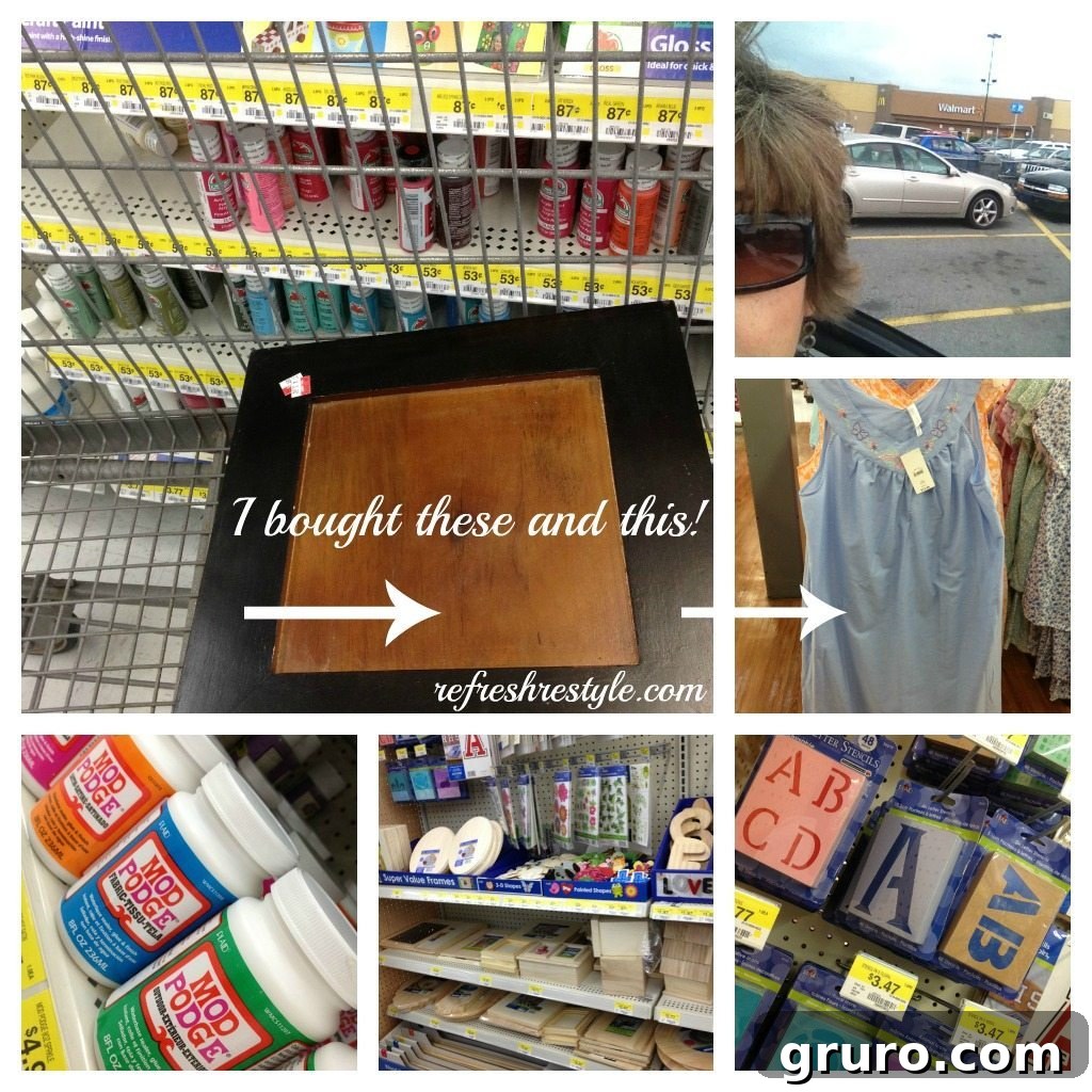 Shopping cart at Walmart filled with Mod Podge, paints, and other craft supplies