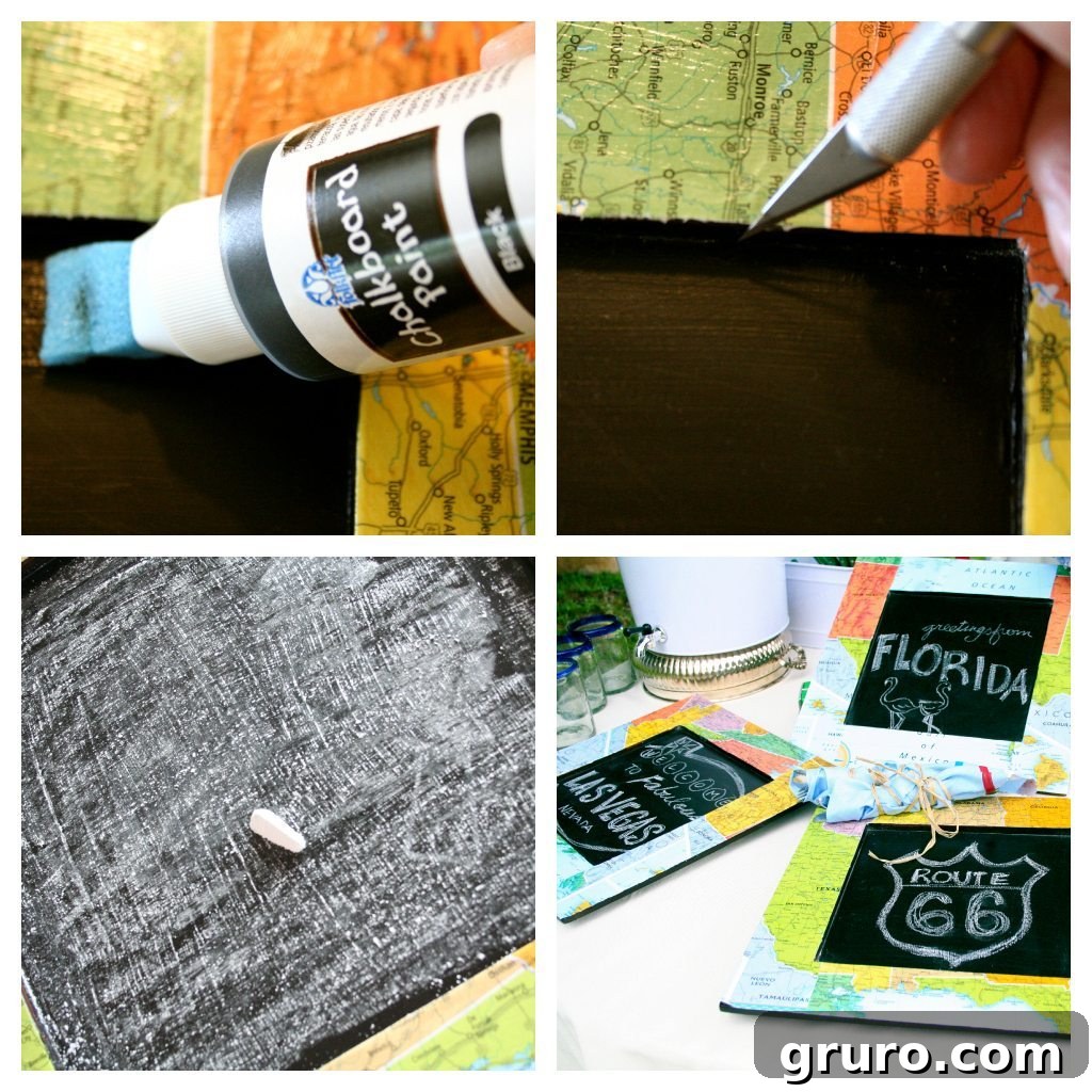 Applying FolkArt Chalkboard Paint to the center of a map-decorated charger