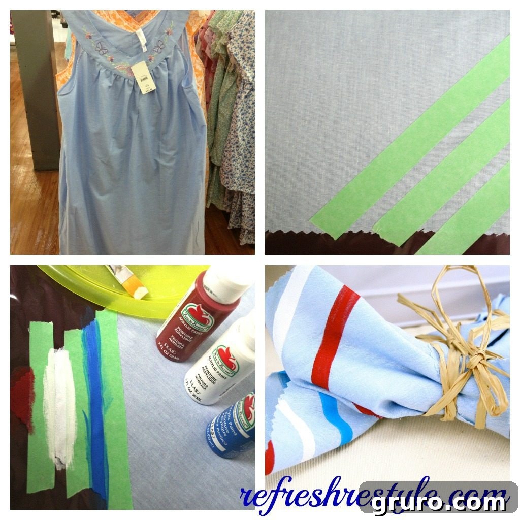 Process of taping and painting fabric napkins with custom designs